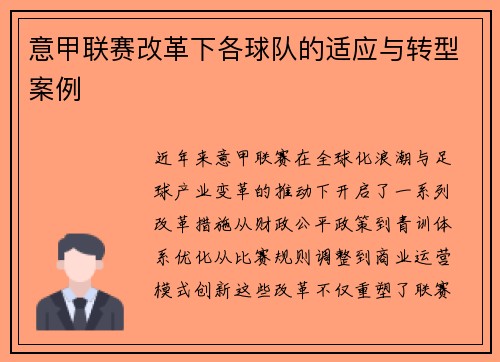 意甲联赛改革下各球队的适应与转型案例