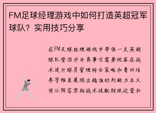 FM足球经理游戏中如何打造英超冠军球队？实用技巧分享