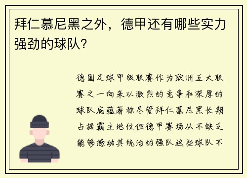 拜仁慕尼黑之外，德甲还有哪些实力强劲的球队？