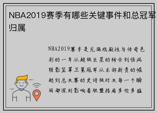 NBA2019赛季有哪些关键事件和总冠军归属